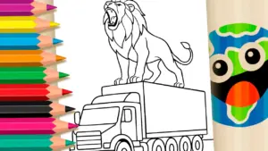 Lion on a Truck Theme Coloring Page for Kids