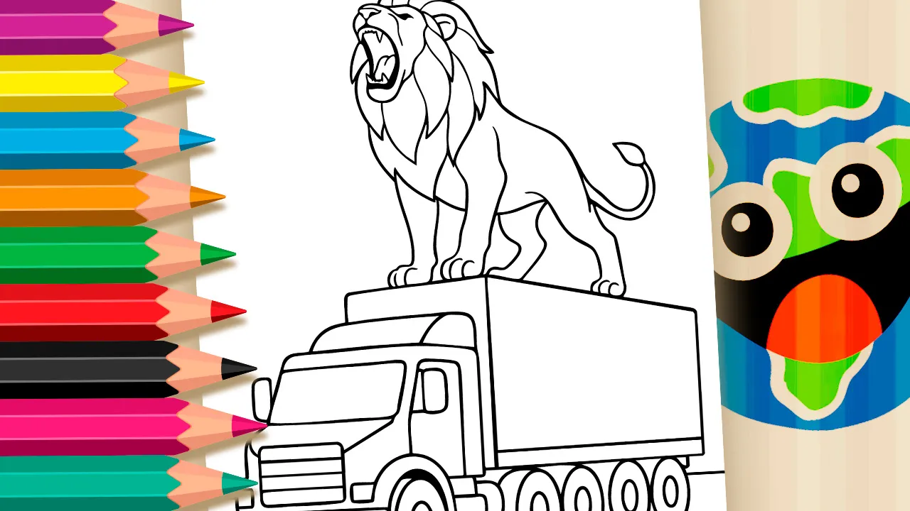 Lion riding on top of a large truck coloring page black and white outline