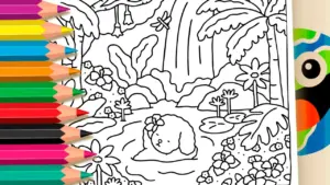 Coloring page Puppy by the Waterfall Theme Coloring Page
