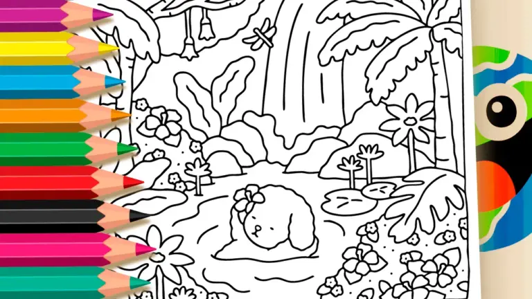 Puppy by the Waterfall Theme Coloring Page - Cute & Kawaii Coloring Pages Online
