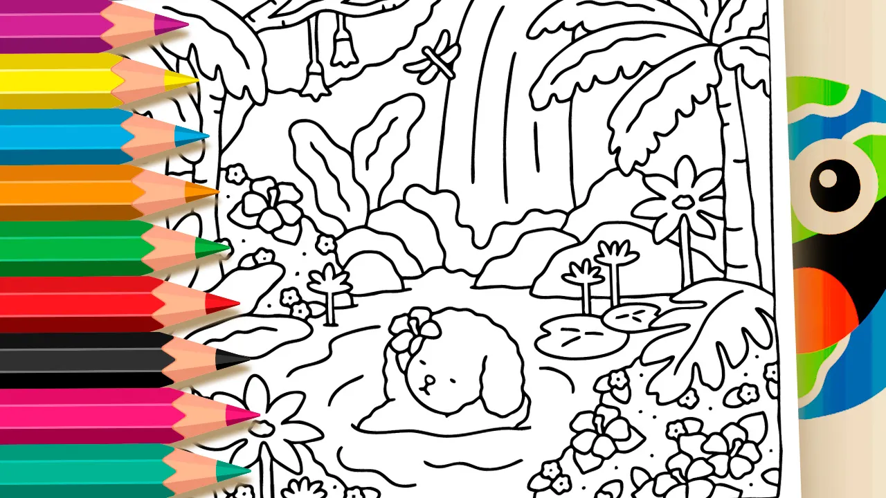 Puppy by the Waterfall Theme Coloring Page