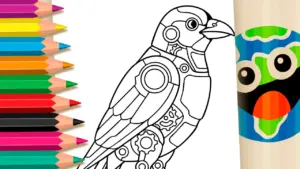 Steampunk Robot Bird Theme Coloring Page