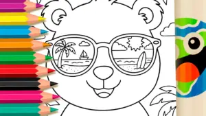 Bobbie Goods Style Sunglasses Bear at the Beach: Fun Summer Coloring Page