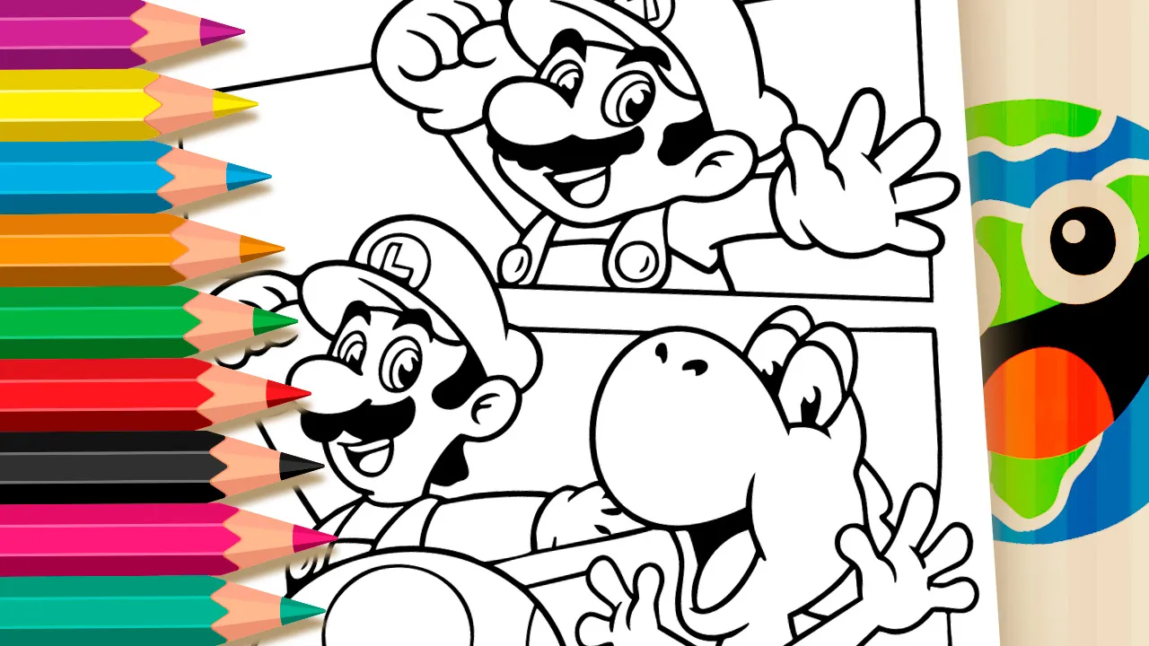 Super Mario Crew classic video game characters coloring page black and white outline