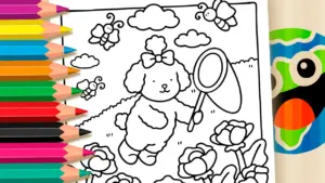 Coloring page Bobbie Goods Style Poodle and Butterflies in the Garden Coloring Page