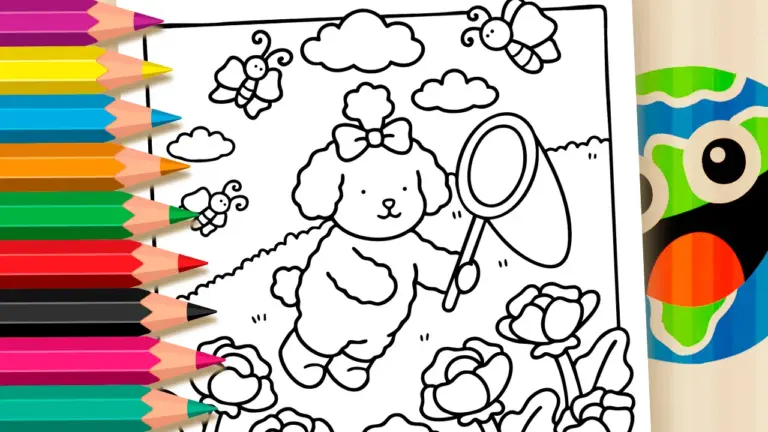 Bobbie Goods Style Poodle and Butterflies in the Garden Coloring Page