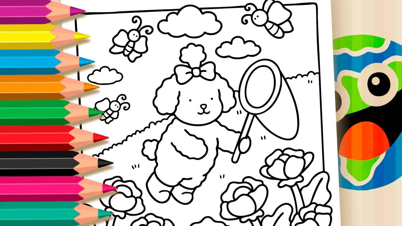 Bobbie Goods Style Poodle and Butterflies in the Garden Coloring Page