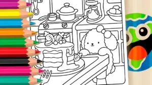 Coloring page Curious Puppy and Giant Strawberry Cake Theme Coloring Page