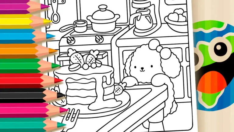Curious Puppy and Giant Strawberry Cake Theme Coloring Page - Cute & Kawaii Coloring Pages Online