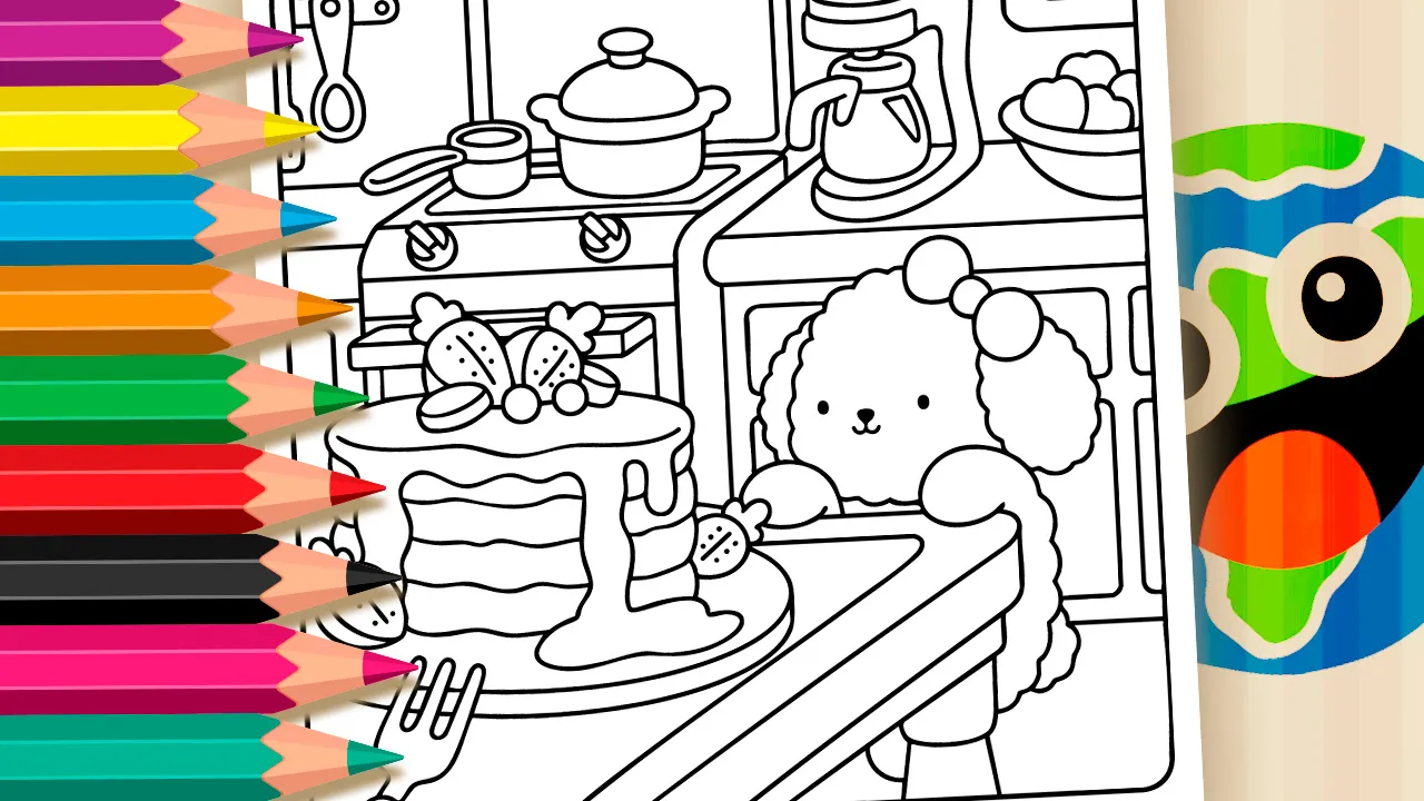 Curious Puppy and Giant Strawberry Cake Theme Coloring Page