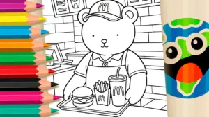 Coloring page Cute Bear at McDonald’s: Fun Theme Coloring Page
