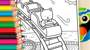 Coloring page Cute Kitten on a Roller Coaster - Fun Theme Coloring Page