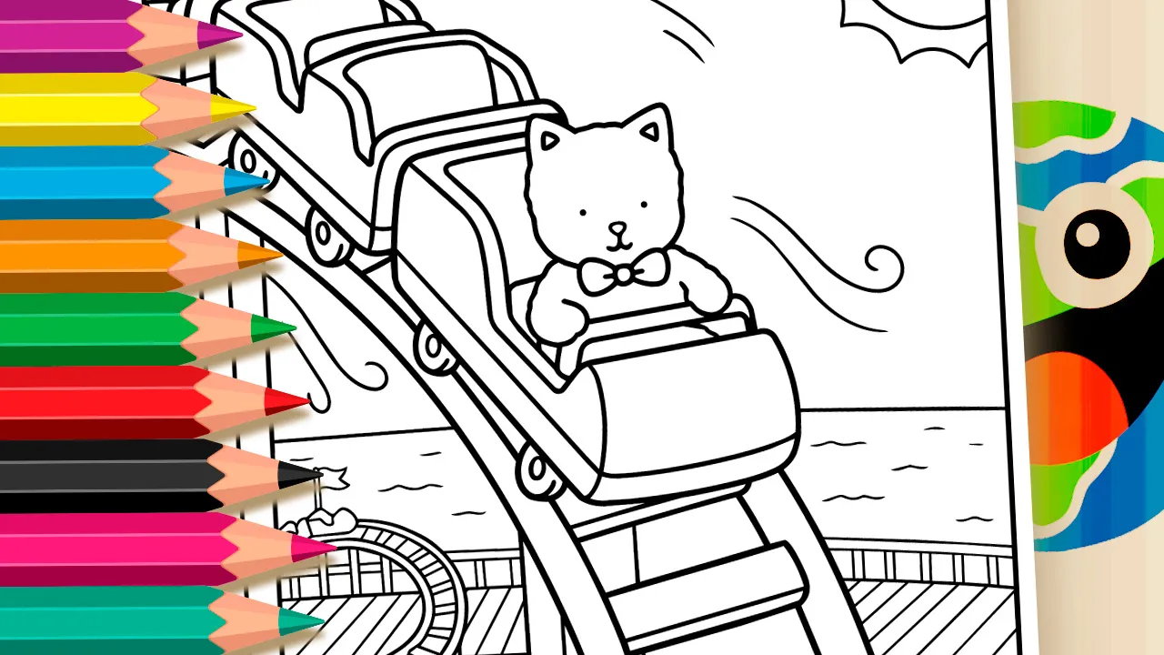 Cute Kitten on a Roller Coaster – Fun Theme Coloring Page