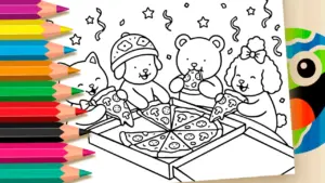 Coloring page Cute Little Friends at the Pizza Party – Theme Coloring Pages