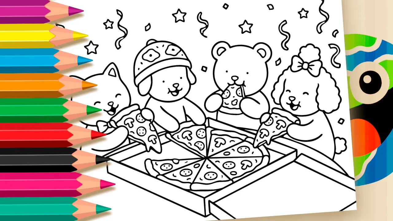 Cute Little Friends at the Pizza Party – Theme Coloring Pages