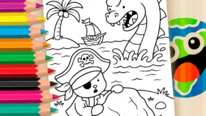 Coloring page Cute Pirate and Sea Monster Theme Coloring Page