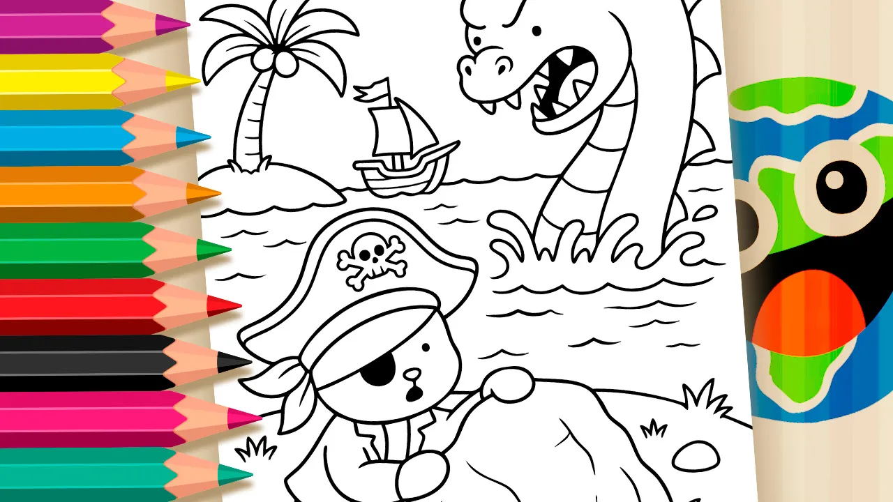 Cute Pirate and Sea Monster Theme Coloring Page
