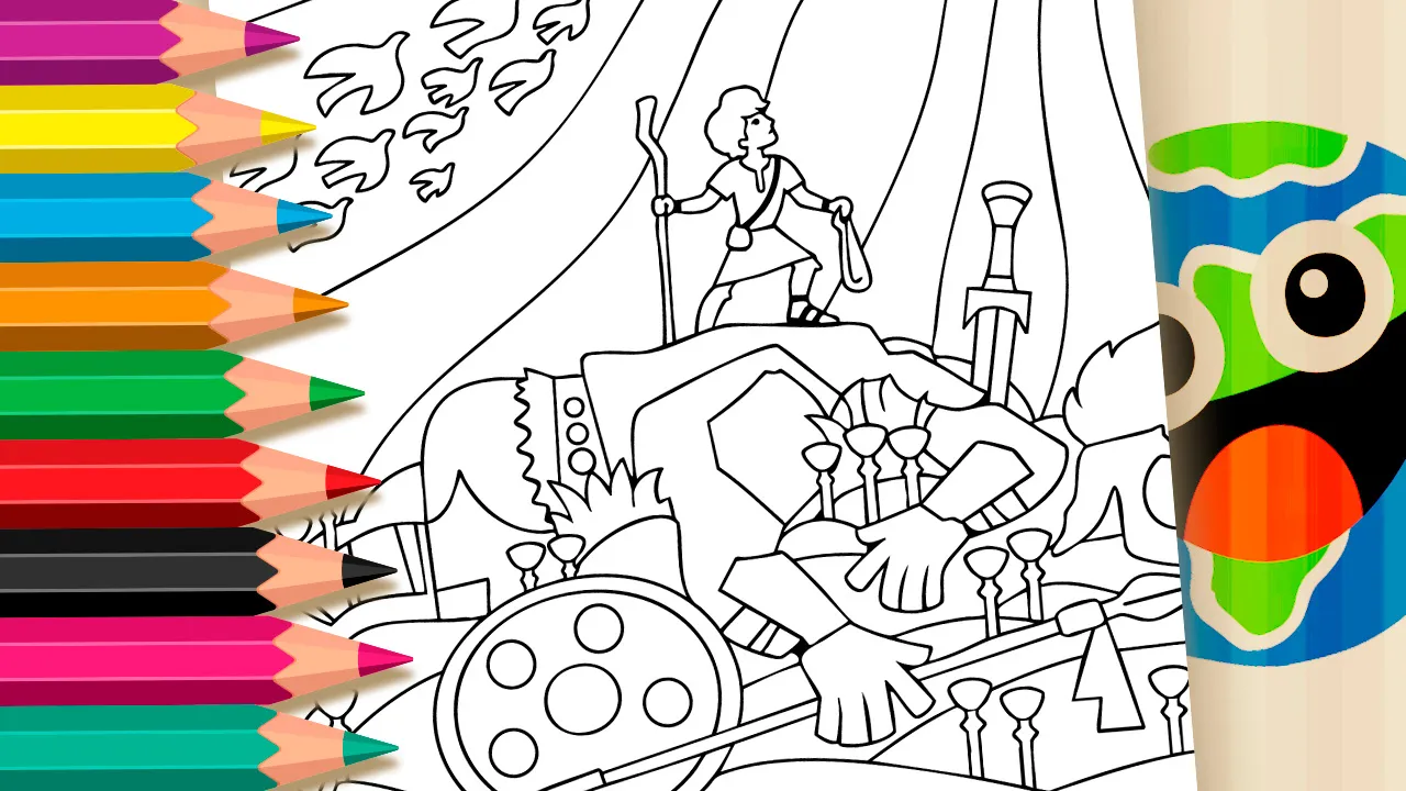 David and Goliath epic biblical scene coloring page black and white outline inspired by Netflix animation