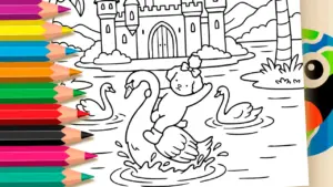 Coloring page Cute Doggy, Swan & Castle Theme Coloring Page in Bobbie Goods Style