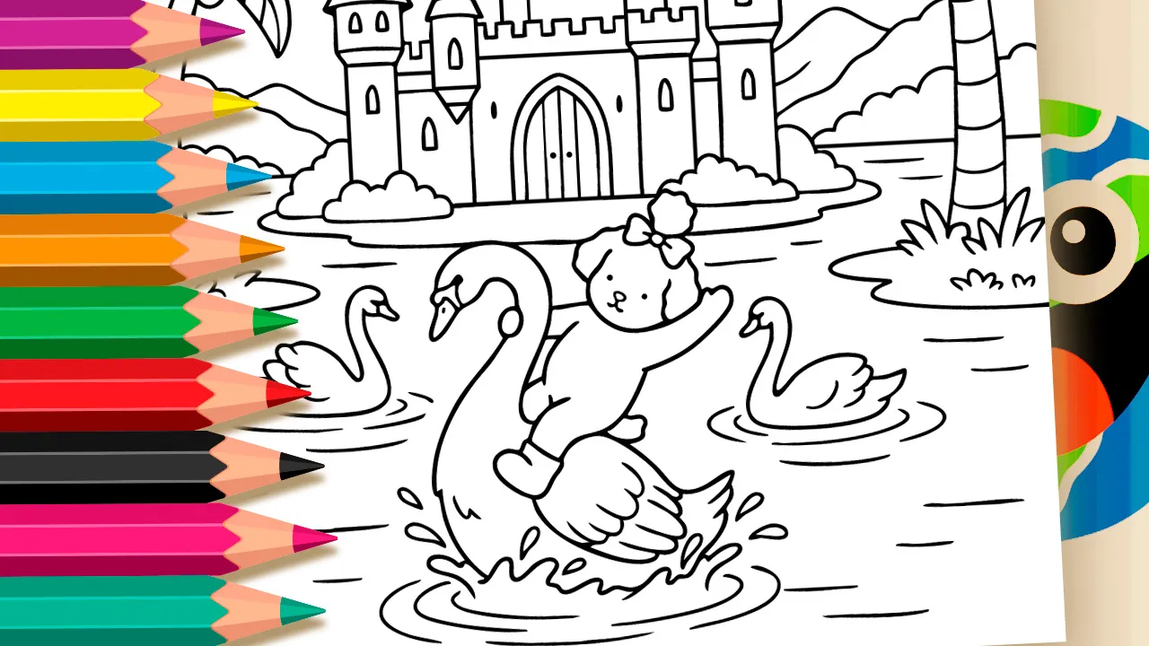Cute Doggy, Swan & Castle Theme Coloring Page in Bobbie Goods Style