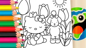 Coloring page Hello Kitty and Bobbie Goods Style Puppy in the Garden - Theme Coloring Page