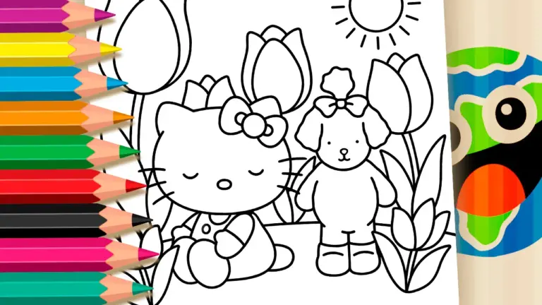 Hello Kitty and Bobbie Goods Style Puppy in the Garden – Theme Coloring Page - Cute & Kawaii Coloring Pages Online
