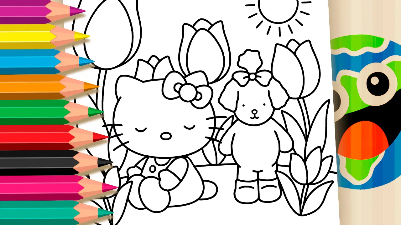 Hello Kitty and Bobbie Goods Style Puppy in the Garden – Theme Coloring Page