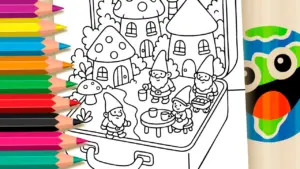 Kawaii Dwarf Village in a Suitcase Coloring Page