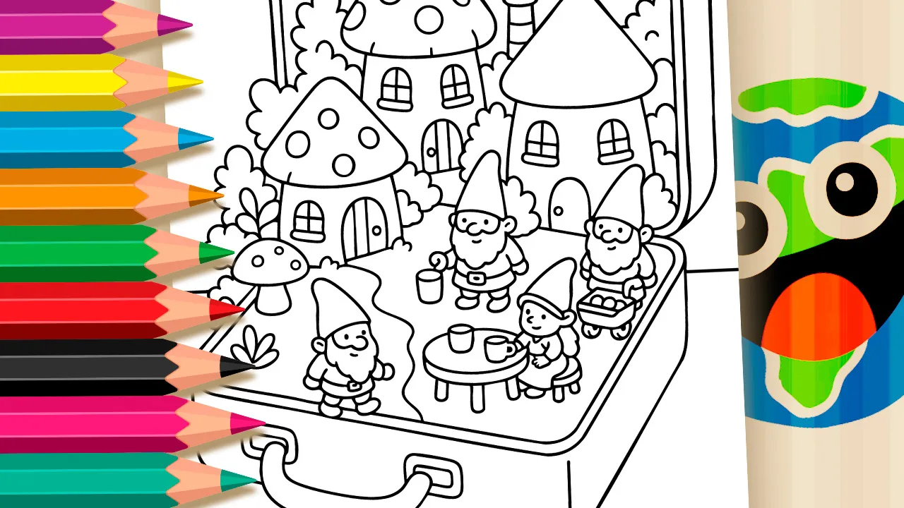 Kawaii Dwarf Village in a Suitcase Coloring Page