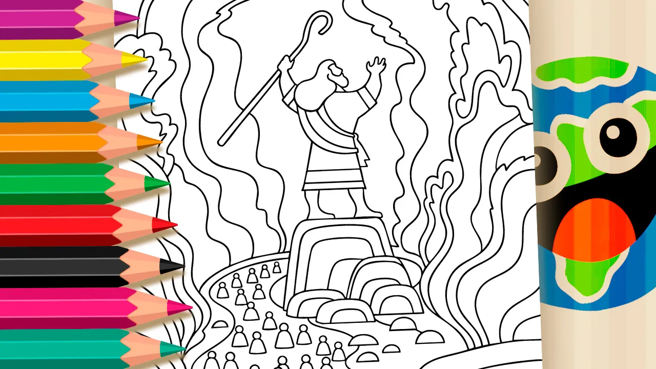 Moses and the Red Sea coloring page black and white outline showing Moses standing on a rock with parted red sea walls