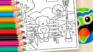 Coloring page Cute Puppy with Heart on Bench Coloring Page