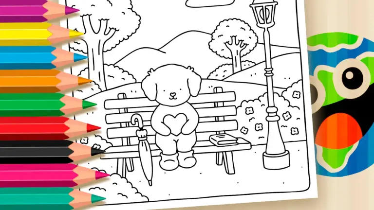Cute Puppy with Heart on Bench Coloring Page - Cute & Kawaii Coloring Pages Online