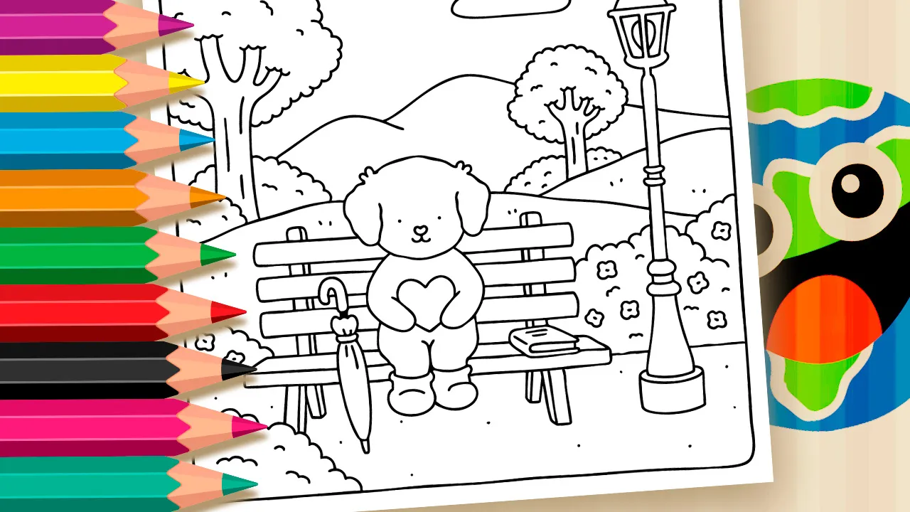 Cute Puppy with Heart on Bench Coloring Page
