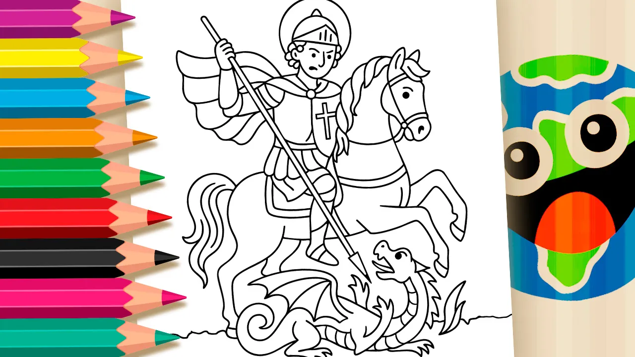 Saint George and the Dragon theme coloring page black and white outline featuring a calm horse, knight with a lance, and a dragon with open wings