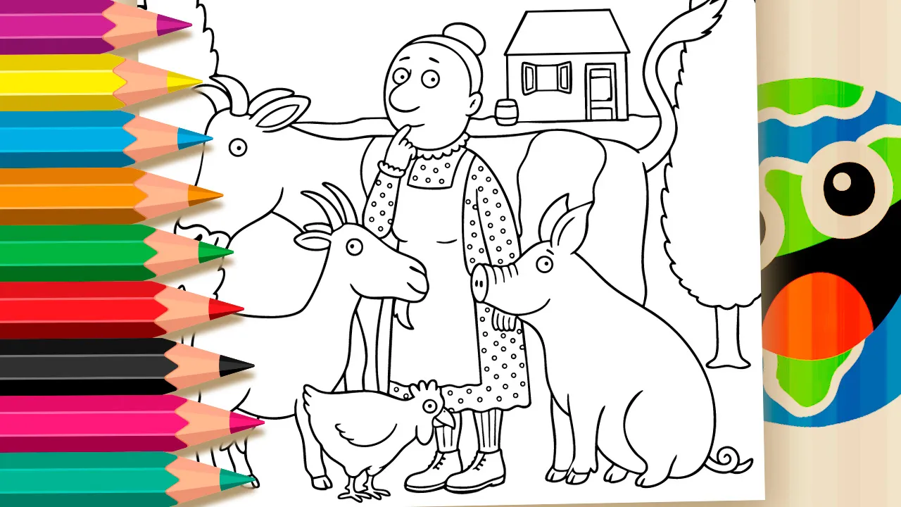 Tight and cozy house with farm animals coloring page black and white outline