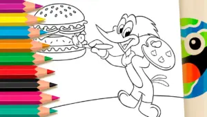 Woody Woodpecker Painting a Burger: Fun Theme Coloring Page